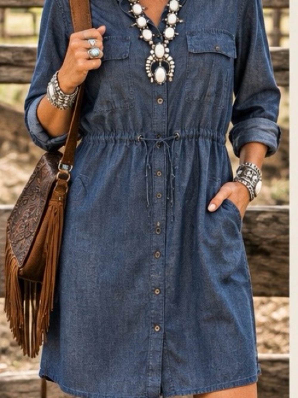 Wonderly Denim-Style Long Sleeve Shirt Dress in Blue